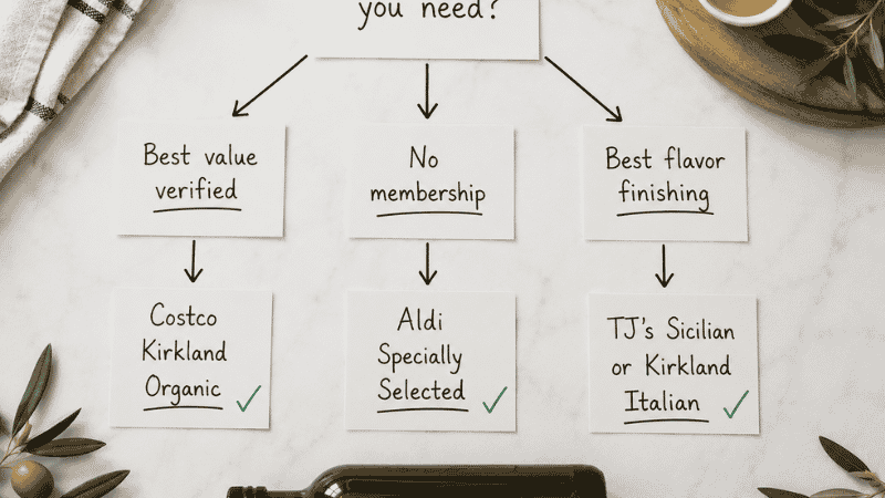 Handwritten decision flowchart for buying the best olive oil — branching from what do you need to Costco Kirkland for best value, Aldi for no membership, and Trader Joe's Sicilian for best flavor finishing