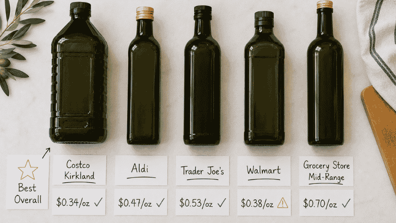 Five olive oil bottles from Costco, Aldi, Trader Joe's, Walmart, and grocery store mid-range with price-per-ounce tags and verification status — best olive oil brands compared by retailer and value