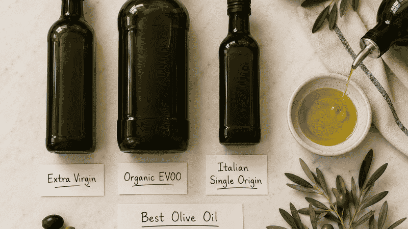 Three olive oil bottles labeled Extra Virgin, Organic EVOO, and Italian Single Origin beside a dish of golden-green oil and a fresh olive branch — the complete family guide to buying the best olive oil