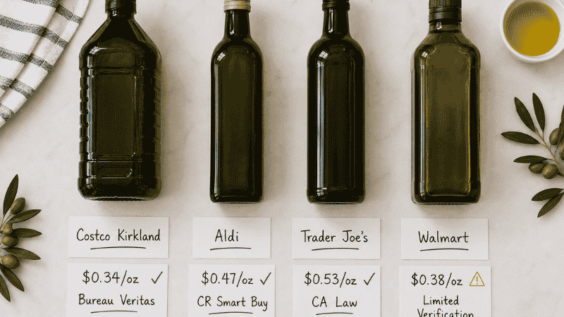 Four olive oil bottles from Costco Kirkland, Aldi, Trader Joe's, and Walmart in a row with price-per-ounce tags and verification status labels — is Kirkland olive oil the best deal compared to other major retailers