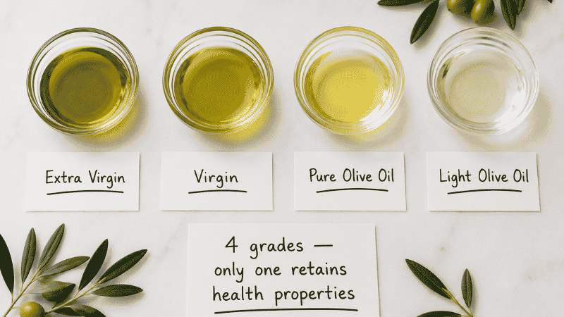 Four ramekins of olive oil showing the four grades from deep golden-green extra virgin to pale light olive oil, with a summary card stating only one grade retains health properties
