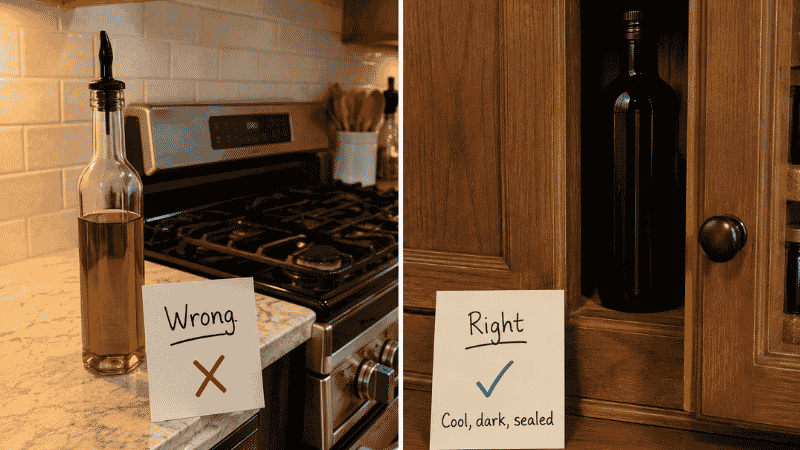 Split scene showing wrong olive oil storage — clear bottle next to warm stove with red X — versus correct storage of dark glass bottle in cool dark cabinet with checkmark — how to store the best olive oil properly