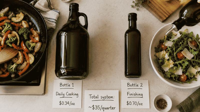 Two olive oil bottles showing the two-bottle system — large cooking bottle at $0.34 per oz beside a skillet and small finishing bottle at $0.70 per oz beside a salad bowl — with a total cost of $35 per quarter card