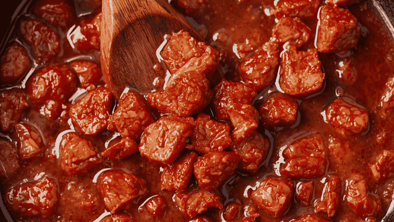 A realistic close-up shot of Mexican chorizo sizzling in a cast-iron skillet, showing the vibrant red oil and a wooden spoon breaking up the meat during the browning process.