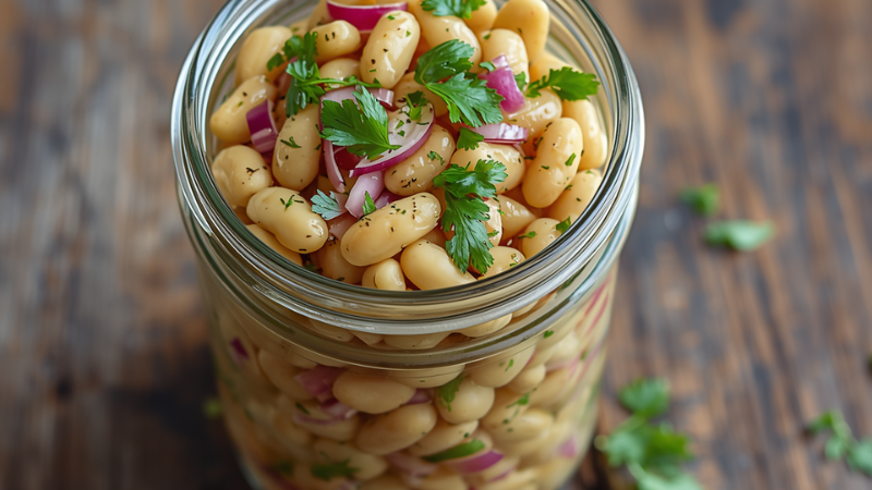 A vibrant Mediterranean white bean salad featuring jarred cannellini beans, red onion, fresh parsley, and olive oil on a rustic wooden table.