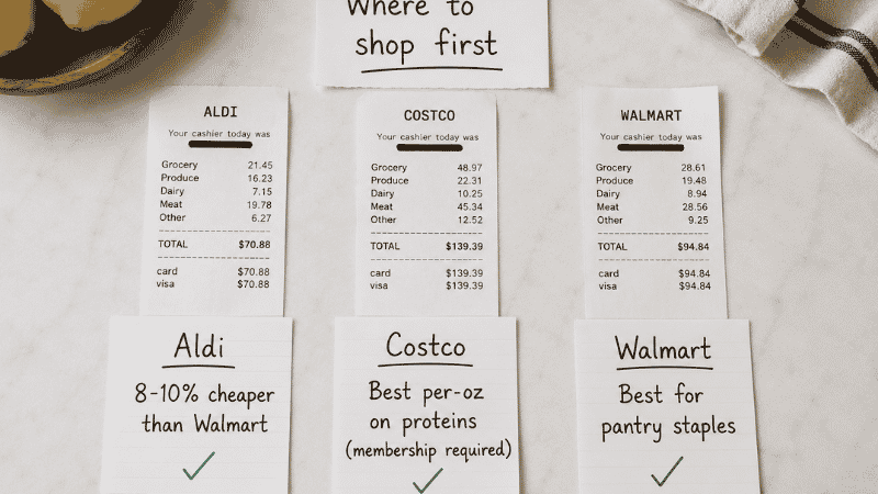 Three store comparison cards for Aldi, Costco, and Walmart showing price advantages — Aldi 8 to 10 percent cheaper, Costco best per oz on proteins, Walmart best for pantry staples