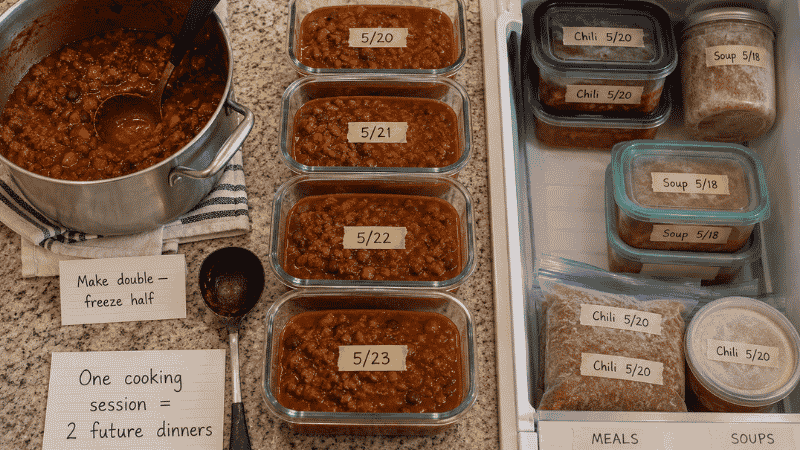 Batch cooking system on a kitchen counter showing a large pot of chili labeled make double freeze half, glass containers being filled with soup, and organized labeled freezer containers — one cooking session equals two future dinners