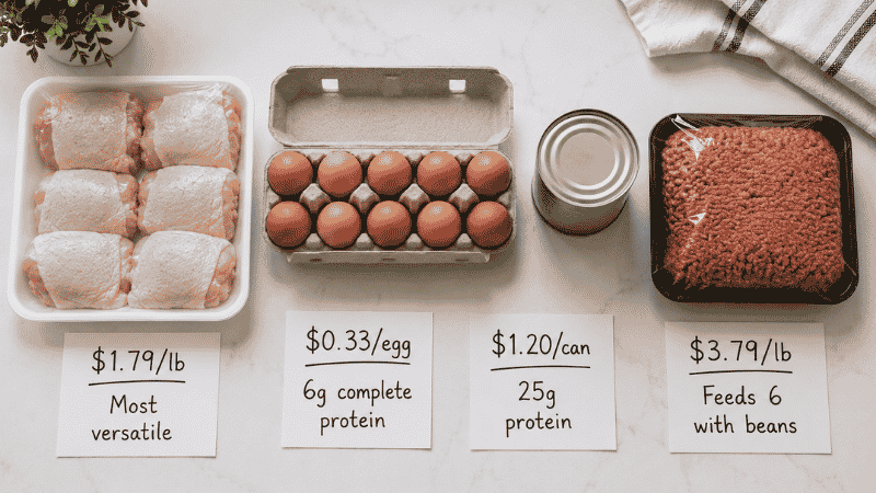 Four budget protein options in a row with price cards — bone-in chicken thighs at $1.79 per lb, eggs at $0.33 each, black beans at $1.20 per can, and ground beef at $3.79 per lb — how to stretch grocery budget on protein