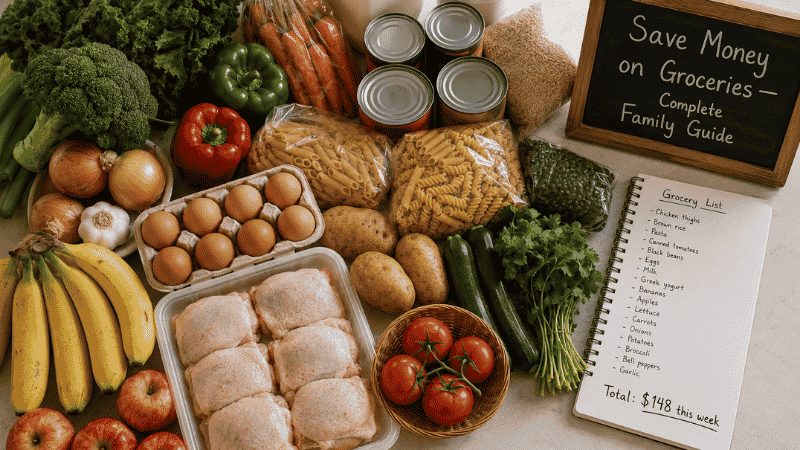 Weekly family grocery haul on a kitchen counter with fresh vegetables, chicken, canned goods, pasta, and eggs beside a handwritten list showing $148 — the complete guide to how to save money on groceries