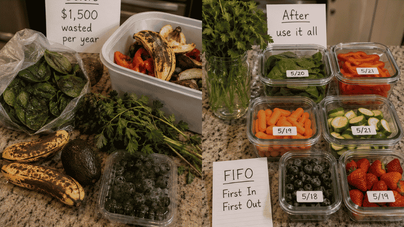 Split scene showing food waste before — wilted herbs and slimy produce being thrown away — versus after with herbs in water, organized dated containers, and FIFO system — how to stop $1,500 annual food waste
