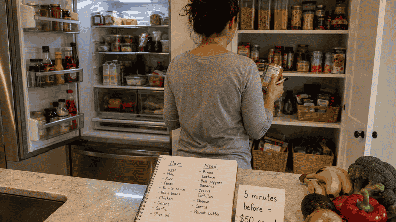 Person checking open refrigerator and pantry before grocery shopping with a handwritten have and need list on the counter — the pre-shopping audit that saves money on groceries