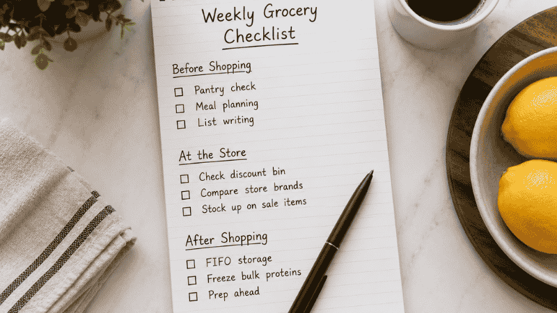 Handwritten weekly grocery checklist with three sections — before shopping pantry check and list, at the store discount bin and store brand, after shopping FIFO and freezing — the complete system to save money on groceries every week