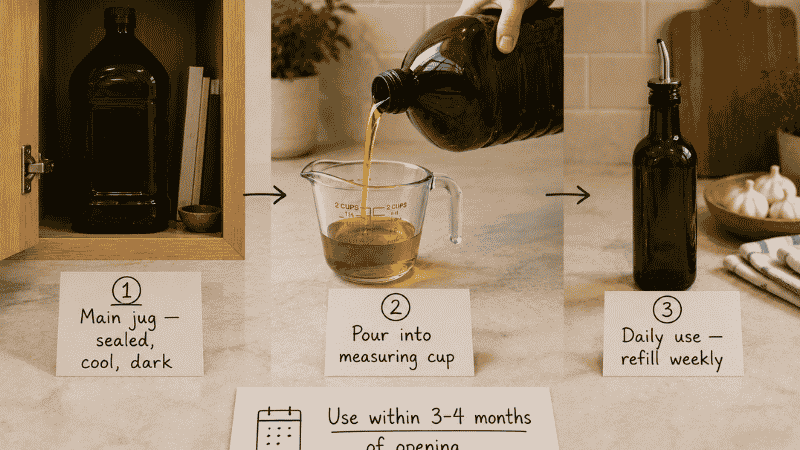 Three-step Kirkland 2-liter olive oil storage system showing the large jug sealed in a cool dark cabinet, being poured into a measuring cup, and decanted into a small cruet for daily use with a 3 to 4 month freshness timeline card