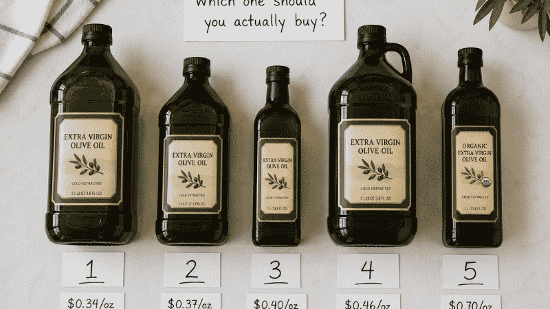 Five Kirkland Signature olive oil bottles arranged in a ranked row with handwritten number cards 1 through 5 and price-per-ounce tags — a complete guide to all Kirkland olive oil versions ranked by quality and value