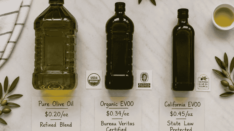 Three Kirkland olive oil bottles with price-per-ounce labels showing Pure Olive Oil at $0.20, Organic EVOO at $0.34, and California EVOO at $0.45 — the complete Kirkland olive oil product lineup comparison