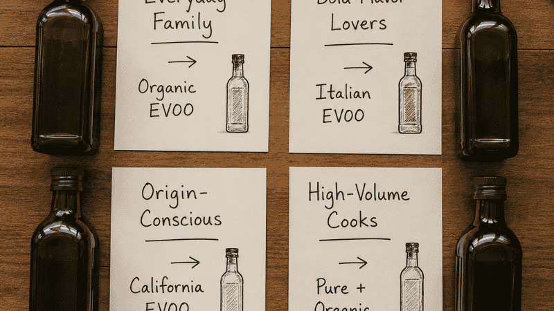 Four handwritten notecard decision cards in a grid showing which Kirkland olive oil matches each family type — everyday family, bold flavor lovers, origin-conscious, and high-volume cooks