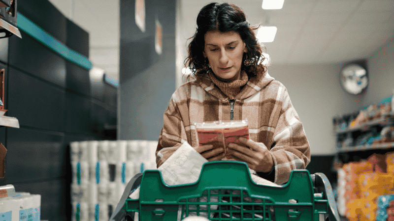 A consumer in a grocery store meat aisle checking the ingredient label of a chorizo package to identify pork quality, additives, and sodium content.