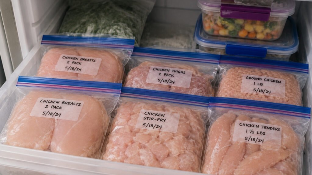 Meal-sized portions of chicken labeled and stored in freezer bags
