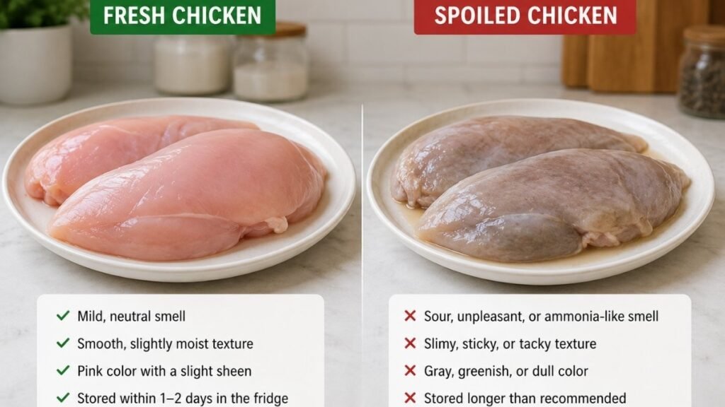 Fresh raw chicken compared with spoiled raw chicken showing color differences