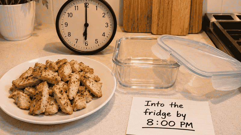 Freshly cooked chicken on a plate beside a kitchen clock showing 6 PM with an open glass container ready and a notecard reading into the fridge by 8 PM — the 2-hour rule for cooked chicken storage
