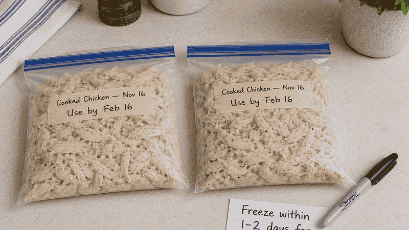 Two labeled freezer bags of portioned cooked chicken with date tags showing November 16 cook date and February 16 use-by date beside a notecard saying freeze within 1 to 2 days for best quality