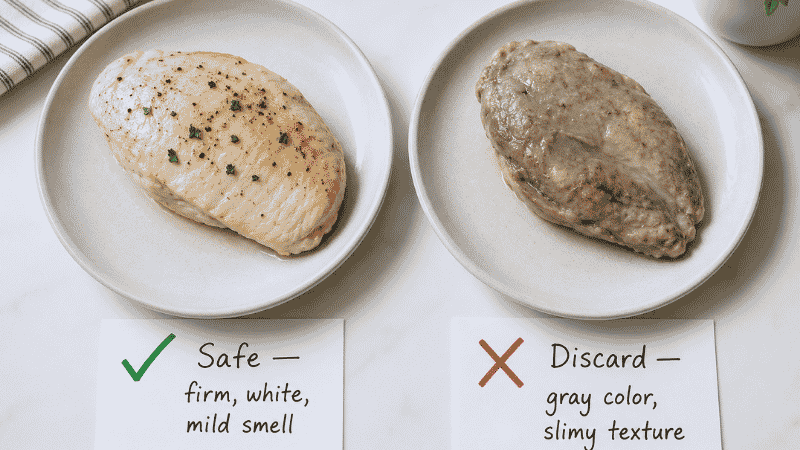 Side-by-side comparison of safe cooked chicken — firm white with mild smell — versus spoiled chicken — gray and slimy — with green checkmark and red X cards showing how to tell if cooked chicken has gone bad