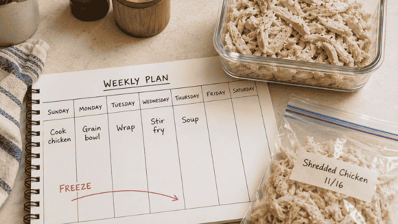 Handwritten weekly meal prep calendar showing cooked chicken uses from Sunday through Thursday with freeze written in red for portions not used by Wednesday — the meal prep calendar for how long cooked chicken lasts in the fridge