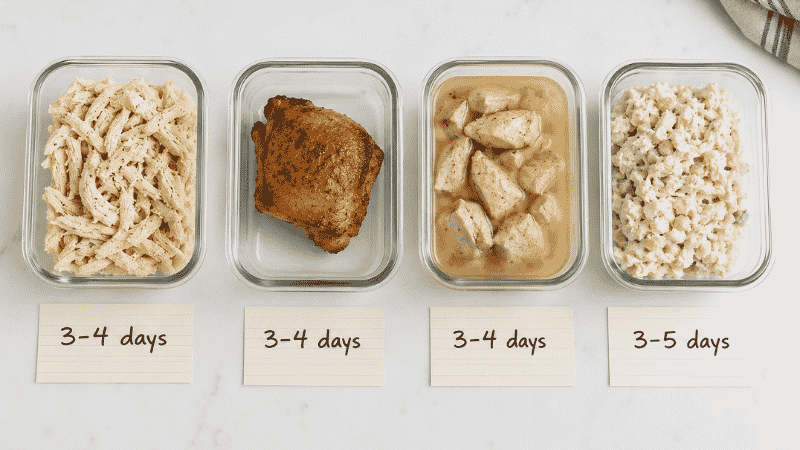 Four types of cooked chicken in glass containers — shredded, whole thigh, chicken in broth, and chicken salad — with handwritten fridge life labels showing 3 to 4 days for each type