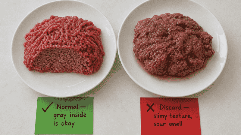 Side-by-side comparison of fresh ground beef with normal gray interior labeled okay versus spoiled slimy ground beef labeled discard — how to tell if ground beef has gone bad based on color texture and smell