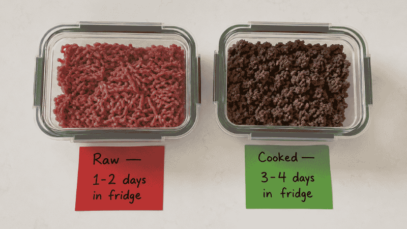 Two glass containers side by side — raw ground beef labeled 1 to 2 days in fridge on the left and cooked browned ground beef labeled 3 to 4 days on the right — showing the storage time difference between raw and cooked ground beef