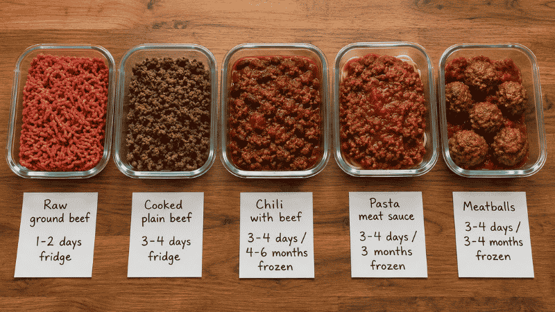 Five glass containers showing different ground beef preparations with storage time label cards — raw beef 1 to 2 days, cooked beef 3 to 4 days, chili, pasta sauce, and meatballs each with fridge and freezer times — ground beef storage quick reference guide