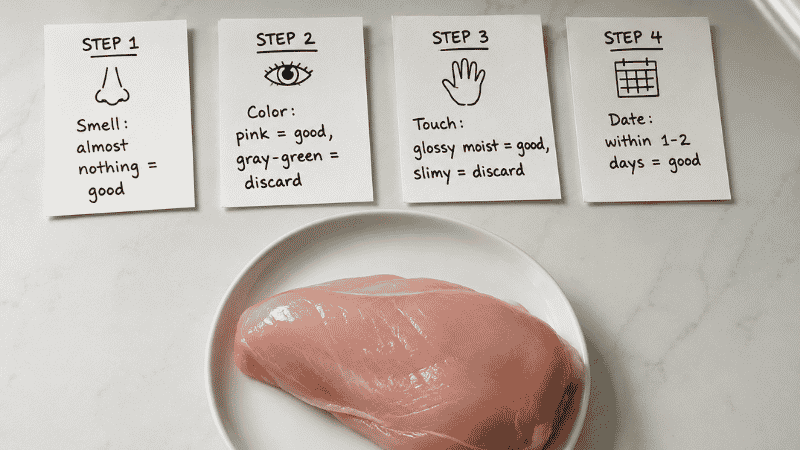 Four-step chicken freshness checklist showing smell, color, touch, and date checks with handwritten notecard labels and a raw chicken breast — how to tell if chicken is bad in 60 seconds