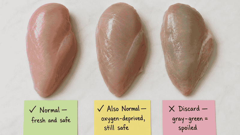 Three raw chicken samples side by side showing fresh pink labeled normal, slightly gray labeled also normal and safe, and gray-green labeled discard — the color guide for how to tell if chicken is bad