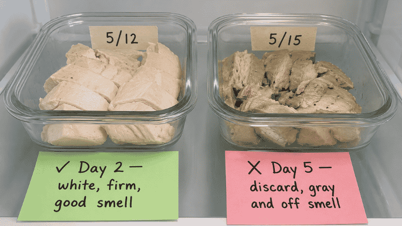 Two glass containers of cooked chicken side by side — Day 2 white and fresh labeled good versus Day 5 gray-green labeled discard — how to tell if cooked chicken is bad based on color and storage time
