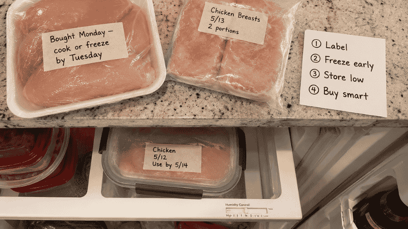 Kitchen counter showing four chicken storage prevention habits — labeled package with buy date, portioned freezer bag, bottom shelf storage, and a label freeze store buy smart notecard — how to avoid chicken going bad before you can use it
