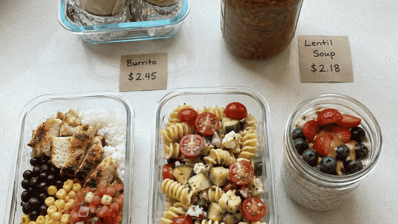 Five meal prep lunch containers showing a chicken rice bowl, pasta salad, burrito wrap, lentil soup, and overnight oats with price tags under $3 each — 20 budget meal prep lunch ideas for the week