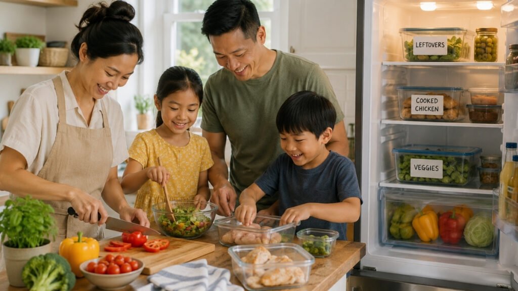 Family practicing safe food storage habits in a home kitchen