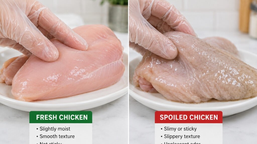 Difference between normal moist chicken and slimy spoiled chicken texture