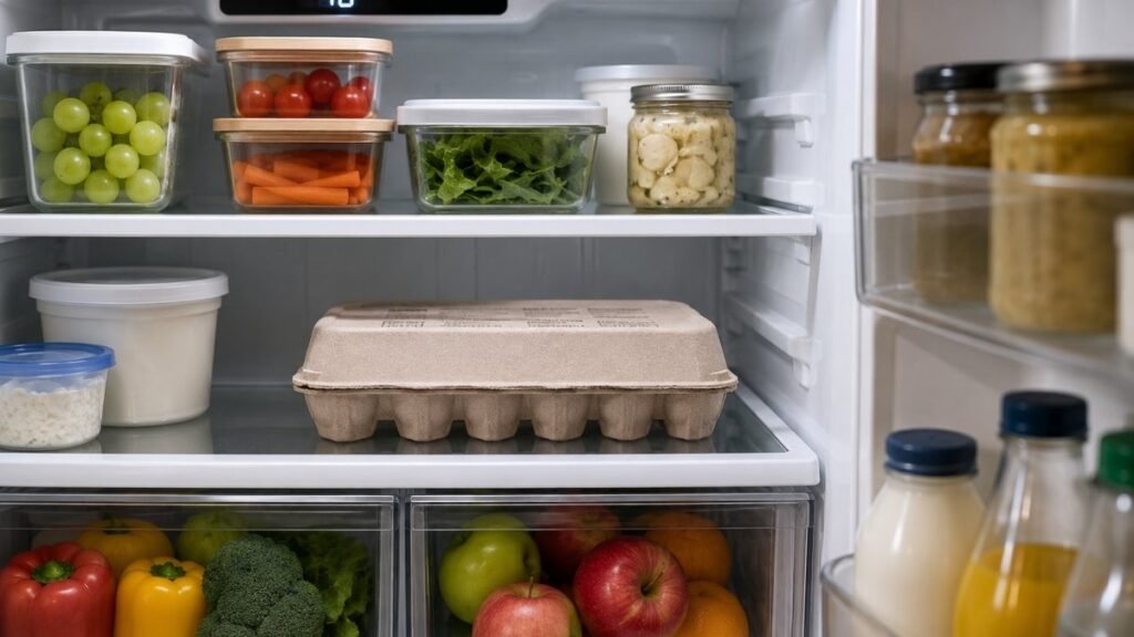 Eggs stored in their original carton on an interior refrigerator shelf