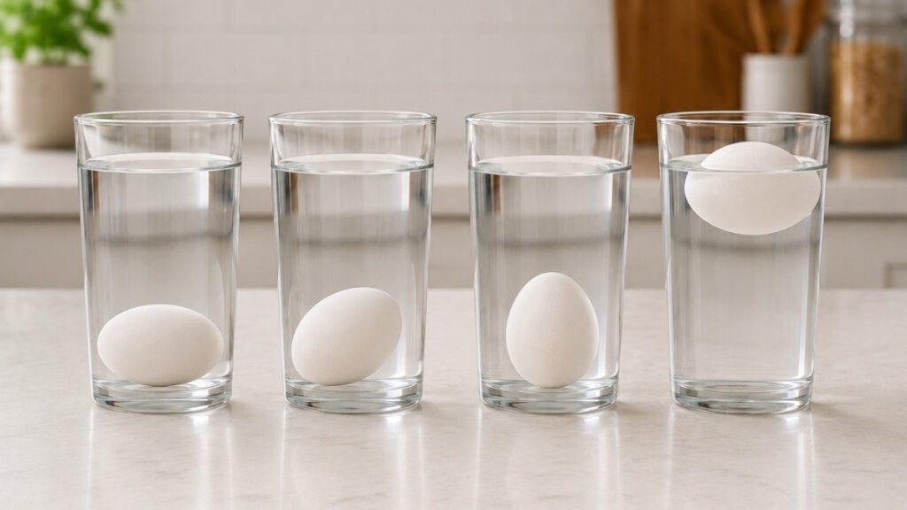 Four egg float test results showing a fresh egg, aging egg, upright egg, and floating egg