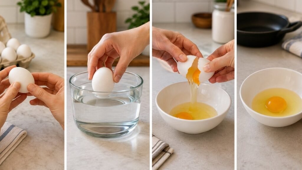 Four steps for checking an egg by inspecting the shell, using water, cracking separately, and checking it