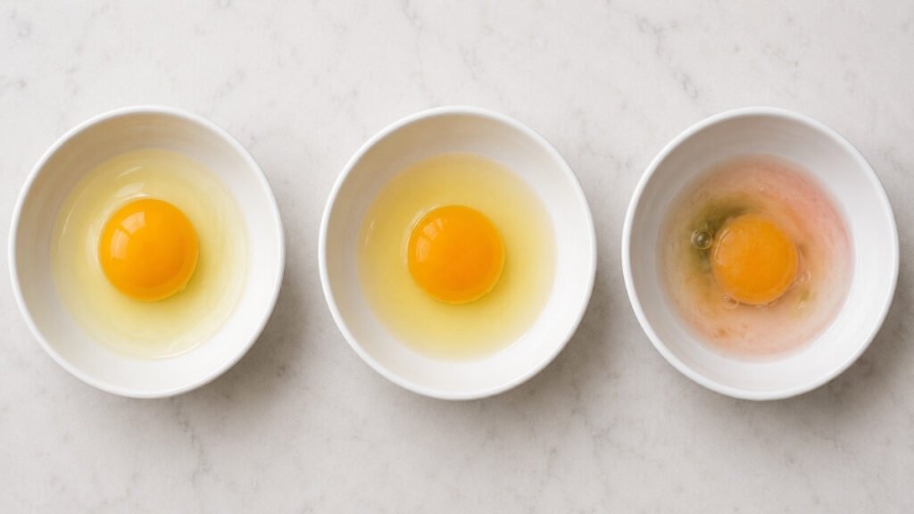 Comparison of a fresh cracked egg, an older egg with watery white, and a spoiled egg