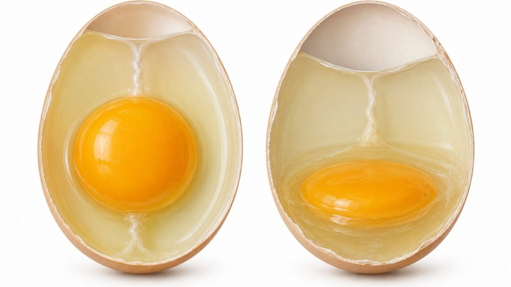 Cross-section comparison showing a small air cell in a fresh egg and a larger air cell in an older egg
