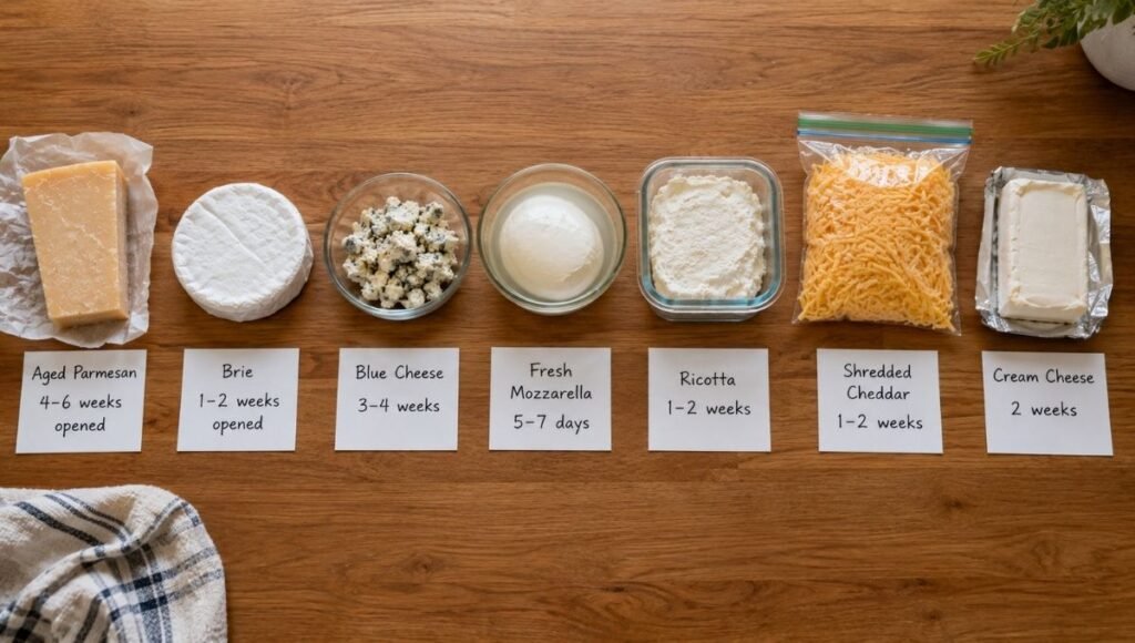 Seven cheese types in a row with handwritten storage time cards — parmesan 4 to 6 weeks, brie 1 to 2 weeks, blue cheese 3 to 4 weeks, fresh mozzarella 5 to 7 days, ricotta 1 to 2 weeks, shredded cheddar 1 to 2 weeks, cream cheese 2 weeks — how long does cheese last in the fridge quick reference guide