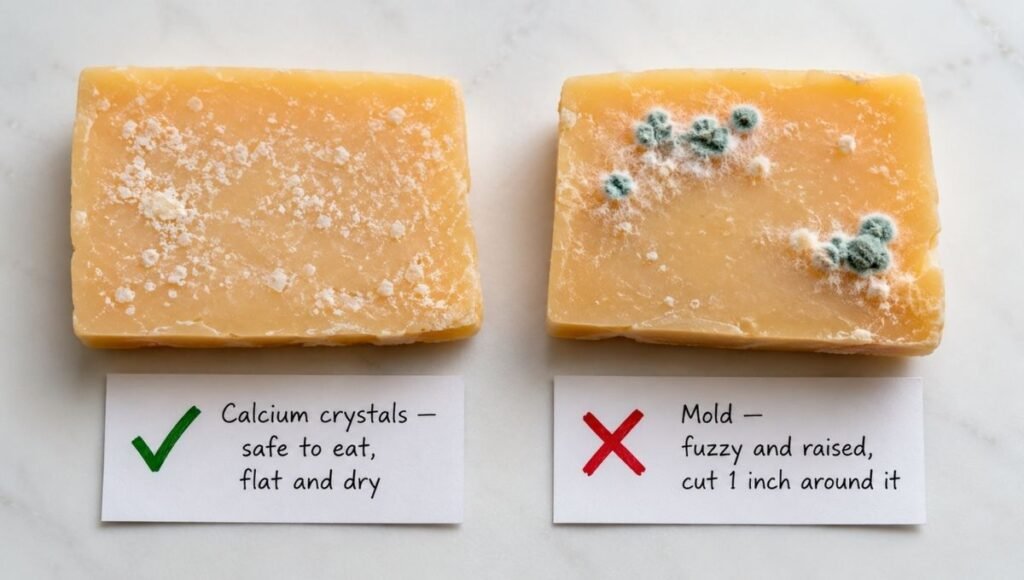 Two aged cheddar samples side by side — left showing flat white calcium lactate crystals labeled safe to eat with green checkmark, right showing fuzzy raised mold labeled cut 1 inch around with red X — the key visual difference between crystals and mold on cheese