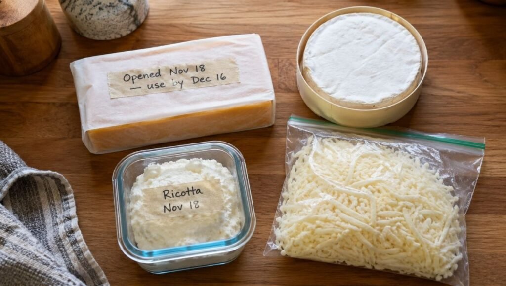 Organized cheese storage on a wooden counter showing wax-wrapped cheddar with use-by date label, brie wheel, ricotta in glass container, and shredded mozzarella bag — how long does cheese last in the fridge complete guide