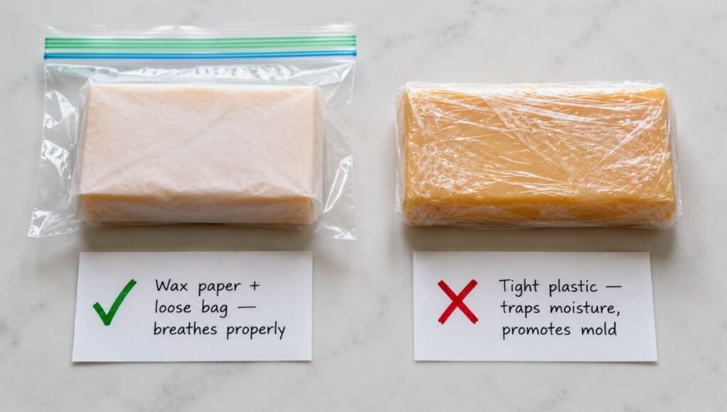Side-by-side comparison showing correct cheese storage with wax paper and loose bag labeled breathes properly versus incorrect tight plastic wrap labeled traps moisture promotes mold — how to wrap cheese to make it last longer in the fridge