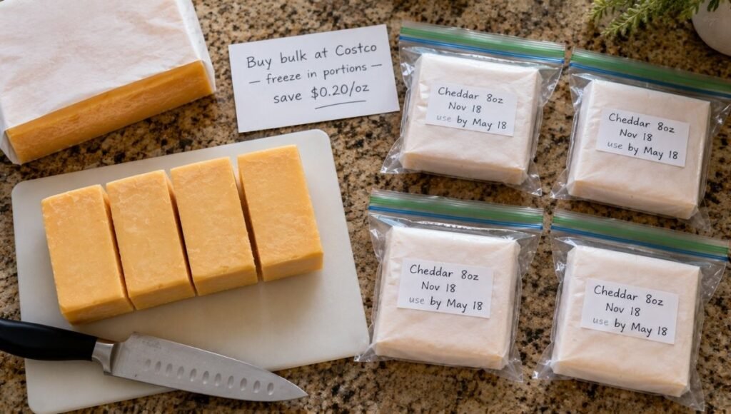 Large cheddar block being divided into four 8-oz portions with labeled freezer bags and a save $0.20 per oz notecard — the Costco bulk cheese buying and freezing system that saves families money on how long cheese lasts in the fridge