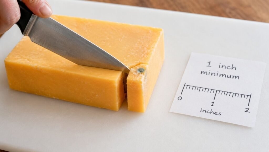 Block of cheddar cheese on cutting board with knife cutting 1 inch around a mold spot beside a ruler card showing 1 inch minimum — the correct USDA-recommended mold removal technique for hard cheese