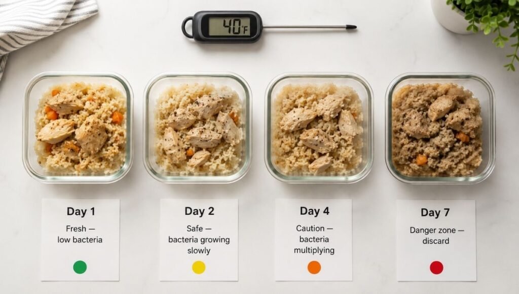 Four containers of cooked food showing bacterial growth timeline from Day 1 fresh green dot through Day 7 danger zone red dot beside a 40°F thermometer — the science behind why the 3 to 4 day fridge rule exists for how long food lasts